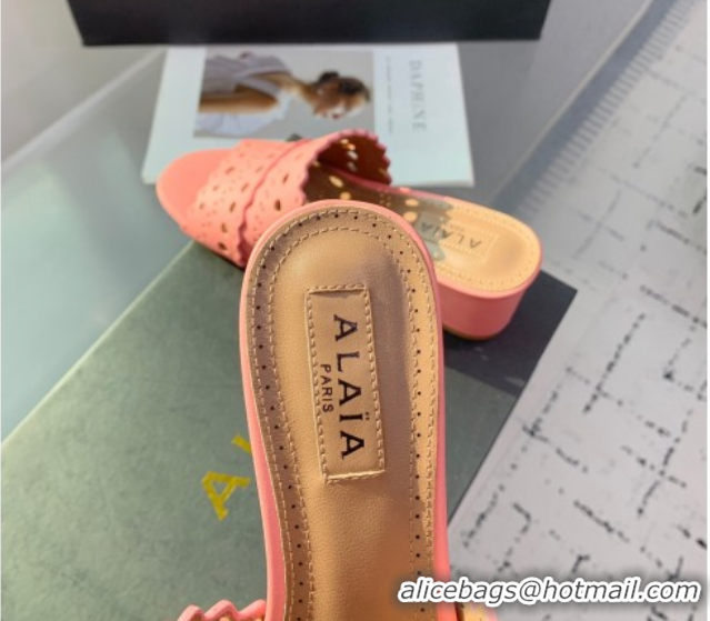 Good Quality Alaia Heel Slides Sandal in Openwork Leather Pink AL122302 1223035