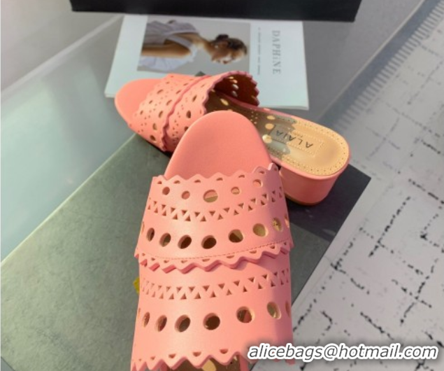 Good Quality Alaia Heel Slides Sandal in Openwork Leather Pink AL122302 1223035