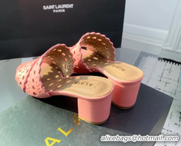 Good Quality Alaia Heel Slides Sandal in Openwork Leather Pink AL122302 1223035