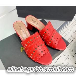 Good Product Alaia Heel Slides Sandal in Openwork Leather Red AL122302 1223036