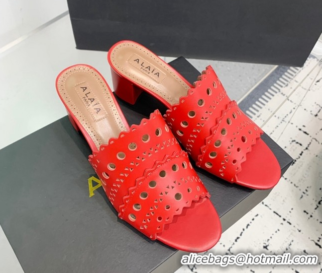 Good Product Alaia Heel Slides Sandal in Openwork Leather Red AL122302 1223036