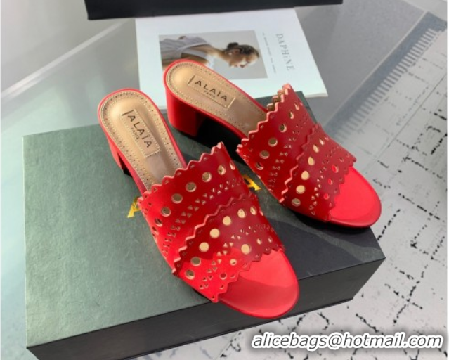 Good Product Alaia Heel Slides Sandal in Openwork Leather Red AL122302 1223036