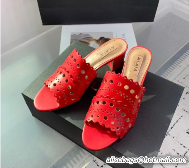 Good Product Alaia Heel Slides Sandal in Openwork Leather Red AL122302 1223036