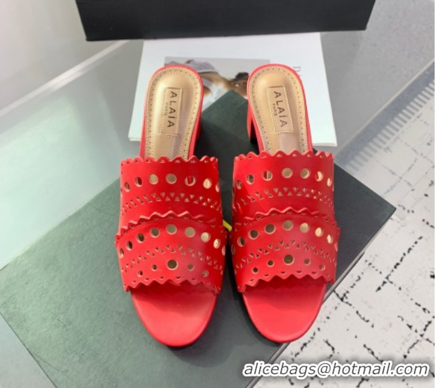 Good Product Alaia Heel Slides Sandal in Openwork Leather Red AL122302 1223036