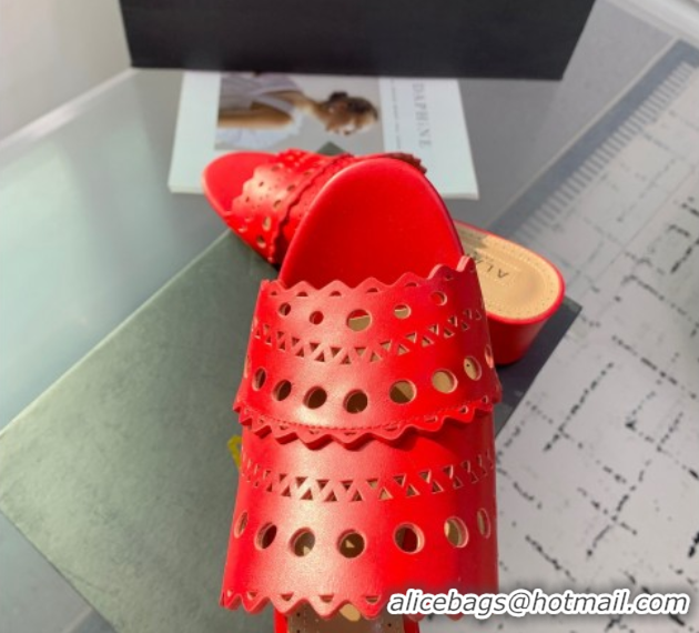 Good Product Alaia Heel Slides Sandal in Openwork Leather Red AL122302 1223036