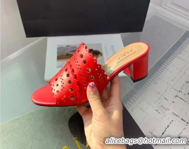 Good Product Alaia Heel Slides Sandal in Openwork Leather Red AL122302 1223036