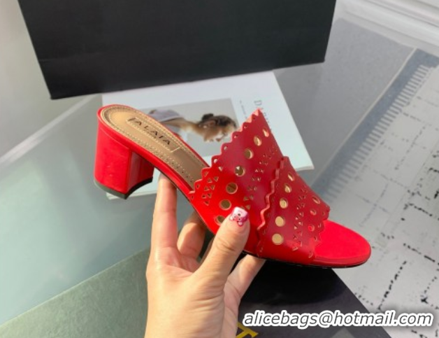 Good Product Alaia Heel Slides Sandal in Openwork Leather Red AL122302 1223036