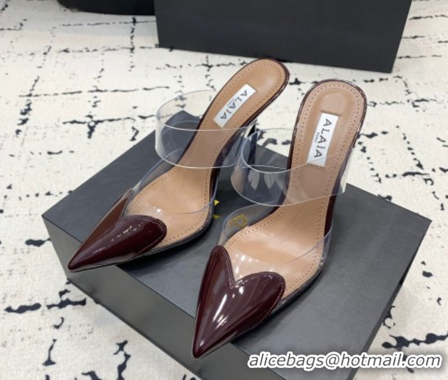 Popular Style Alaia Le Cœur Heart High Heel Mules 10.5cm in PVC and Patent Leather Burgundy 1223037