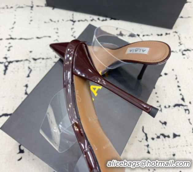 Popular Style Alaia Le Cœur Heart High Heel Mules 10.5cm in PVC and Patent Leather Burgundy 1223037