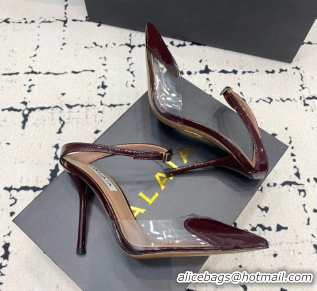 Luxury Cheap Alaia Le Cœur Heart Pumps 10.5cm in PVC and Patent Leather with Ankle Strap Burgundy 1223038