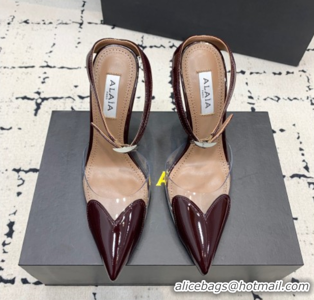 Luxury Cheap Alaia Le Cœur Heart Pumps 10.5cm in PVC and Patent Leather with Ankle Strap Burgundy 1223038