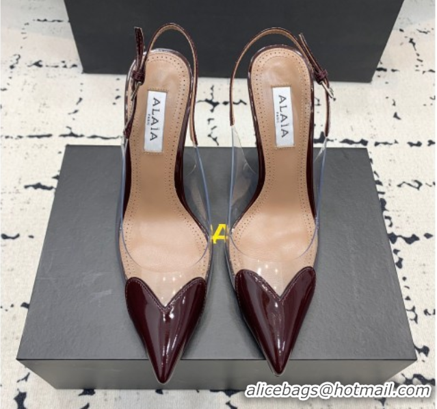 Luxury Alaia Le Cœur Heart Slingback Pumps 10.5cm in PVC and Patent Leather Burgundy 1223039