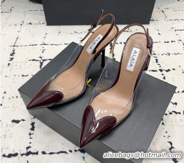 Luxury Alaia Le Cœur Heart Slingback Pumps 10.5cm in PVC and Patent Leather Burgundy 1223039