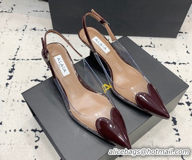 Shop Duplicate Alaia Le Cœur Heart Slingback Pumps 5.5cm in PVC and Patent Leather Burgundy 1223040