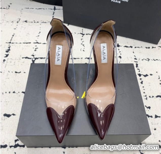 Top Design Alaia Le Cœur Heart High Pumps 10.5cm in PVC and Patent Leather Burgundy 1223042