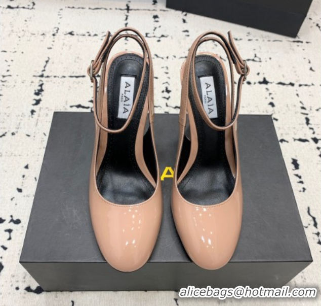 Stylish Alaia Decollete Slingback Pumps 10.5cm in Patent Calfskin Nude 1223047