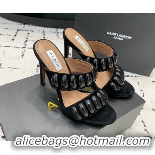 Best Price Alaia Tribal Suede Heel Slides Sandal 10cm with Metalic Pebbles All Black 1223049