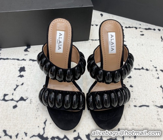 Best Price Alaia Tribal Suede Heel Slides Sandal 10cm with Metalic Pebbles All Black 1223049