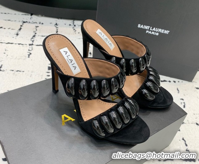 Best Price Alaia Tribal Suede Heel Slides Sandal 10cm with Metalic Pebbles All Black 1223049