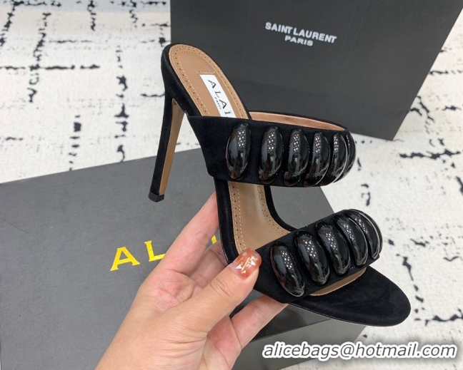 Best Price Alaia Tribal Suede Heel Slides Sandal 10cm with Metalic Pebbles All Black 1223049