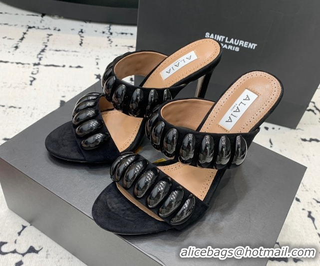 Best Price Alaia Tribal Suede Heel Slides Sandal 10cm with Metalic Pebbles All Black 1223049