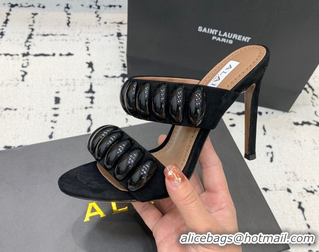 Best Price Alaia Tribal Suede Heel Slides Sandal 10cm with Metalic Pebbles All Black 1223049