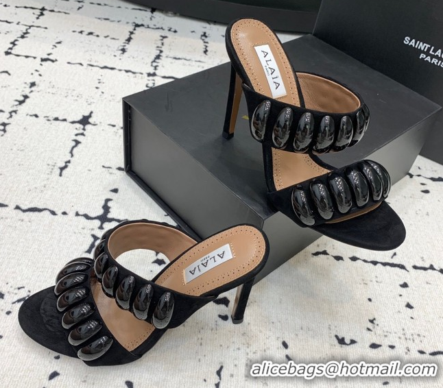 Best Price Alaia Tribal Suede Heel Slides Sandal 10cm with Metalic Pebbles All Black 1223049