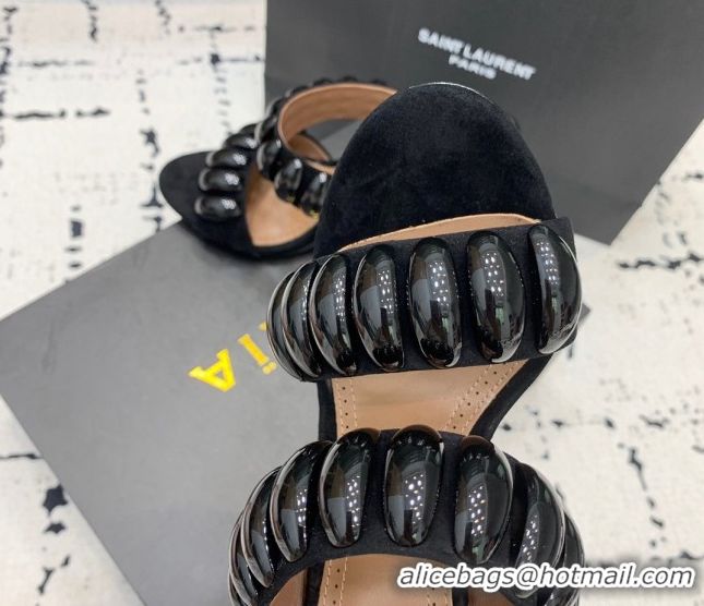 Best Price Alaia Tribal Suede Heel Slides Sandal 10cm with Metalic Pebbles All Black 1223049