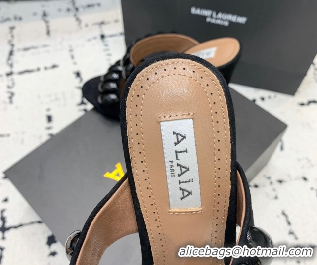 Best Price Alaia Tribal Suede Heel Slides Sandal 10cm with Metalic Pebbles All Black 1223049