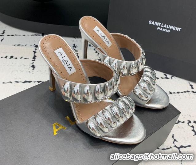 Luxurious Alaia Tribal Leather Heel Slides Sandal 10cm with Metalic Pebbles Silver-Tone 1223050