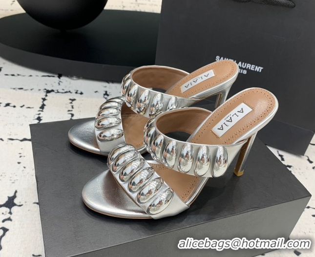 Luxurious Alaia Tribal Leather Heel Slides Sandal 10cm with Metalic Pebbles Silver-Tone 1223050