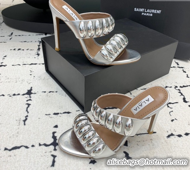 Luxurious Alaia Tribal Leather Heel Slides Sandal 10cm with Metalic Pebbles Silver-Tone 1223050