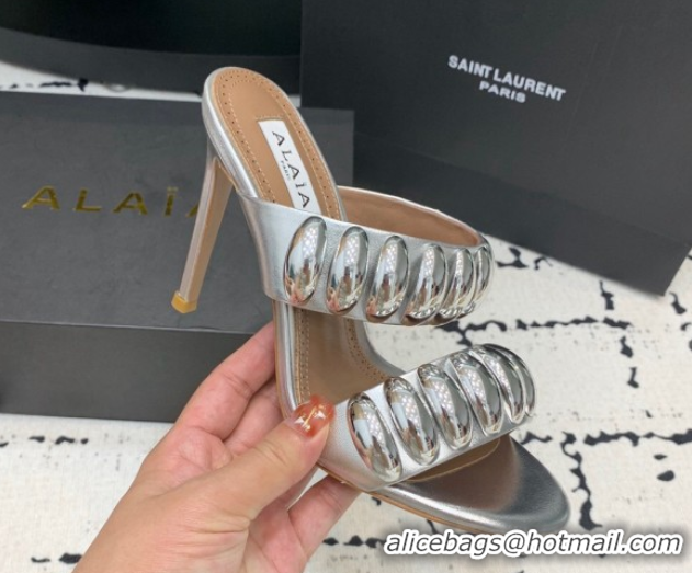 Luxurious Alaia Tribal Leather Heel Slides Sandal 10cm with Metalic Pebbles Silver-Tone 1223050