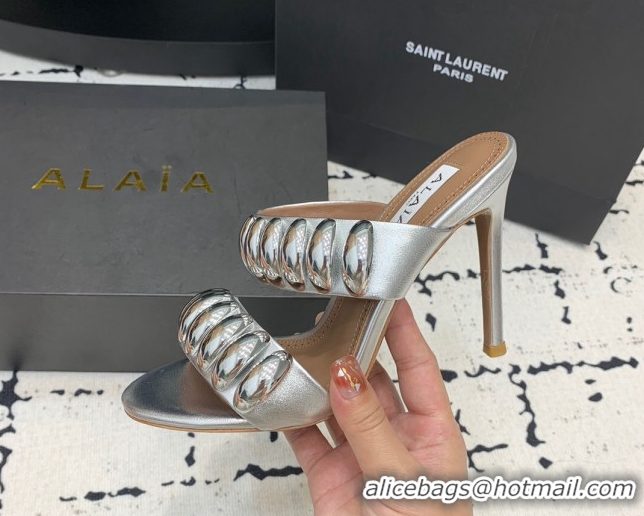 Luxurious Alaia Tribal Leather Heel Slides Sandal 10cm with Metalic Pebbles Silver-Tone 1223050