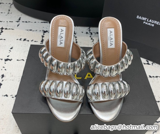 Luxurious Alaia Tribal Leather Heel Slides Sandal 10cm with Metalic Pebbles Silver-Tone 1223050