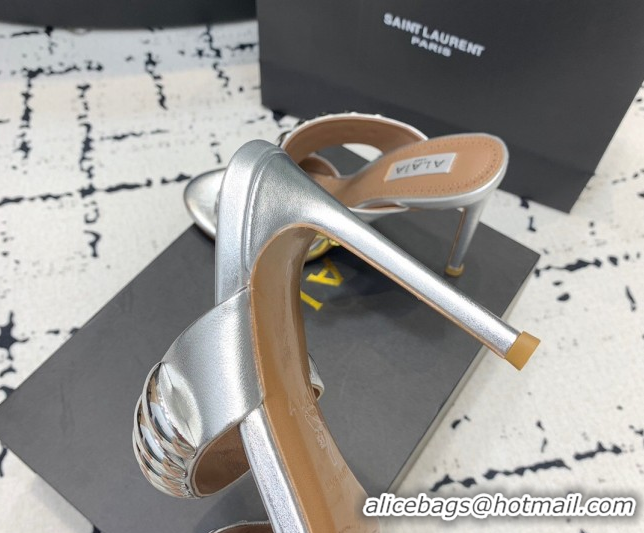 Luxurious Alaia Tribal Leather Heel Slides Sandal 10cm with Metalic Pebbles Silver-Tone 1223050