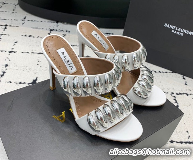 Classic Hot Alaia Tribal Leather Heel Slides Sandal 10cm with Metalic Pebbles White 1223051