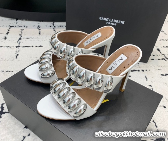 Classic Hot Alaia Tribal Leather Heel Slides Sandal 10cm with Metalic Pebbles White 1223051