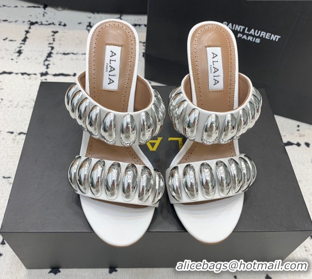 Classic Hot Alaia Tribal Leather Heel Slides Sandal 10cm with Metalic Pebbles White 1223051