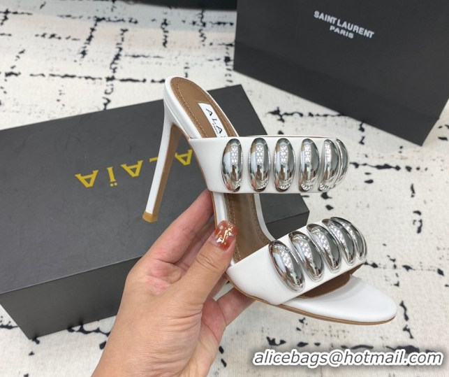 Classic Hot Alaia Tribal Leather Heel Slides Sandal 10cm with Metalic Pebbles White 1223051
