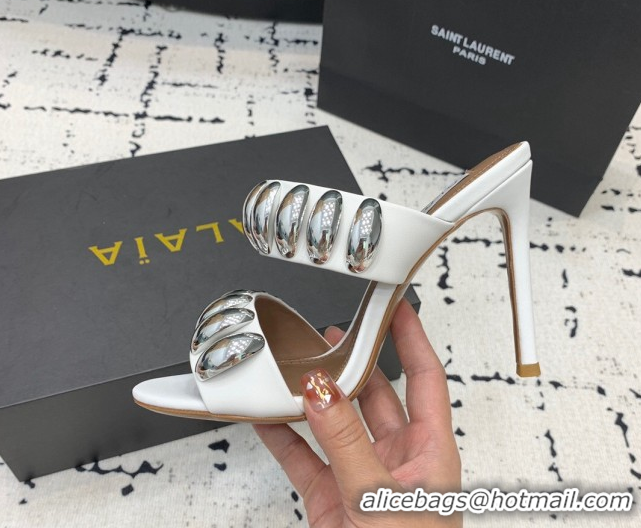 Classic Hot Alaia Tribal Leather Heel Slides Sandal 10cm with Metalic Pebbles White 1223051