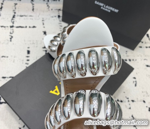 Classic Hot Alaia Tribal Leather Heel Slides Sandal 10cm with Metalic Pebbles White 1223051