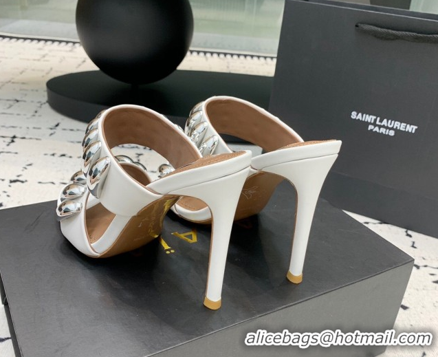 Classic Hot Alaia Tribal Leather Heel Slides Sandal 10cm with Metalic Pebbles White 1223051