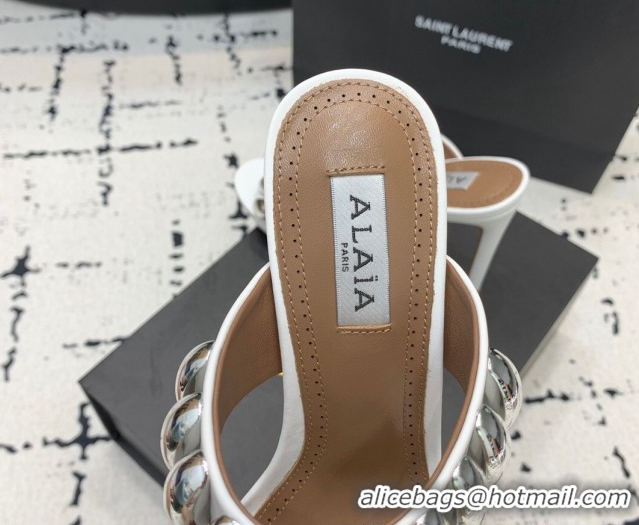Classic Hot Alaia Tribal Leather Heel Slides Sandal 10cm with Metalic Pebbles White 1223051
