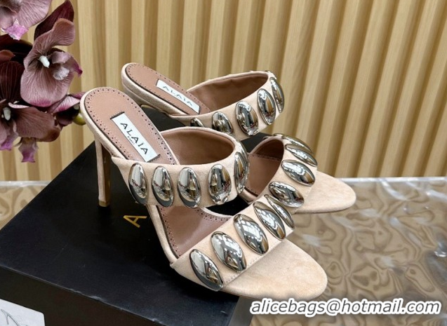 Grade Quality Alaia Tribal Suede Heel Slide Sandals 10cm with Metalic Pebbles Beige 1223052