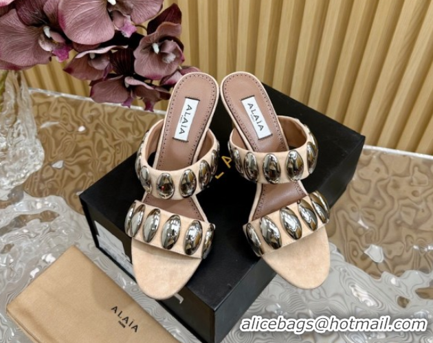 Grade Quality Alaia Tribal Suede Heel Slide Sandals 10cm with Metalic Pebbles Beige 1223052