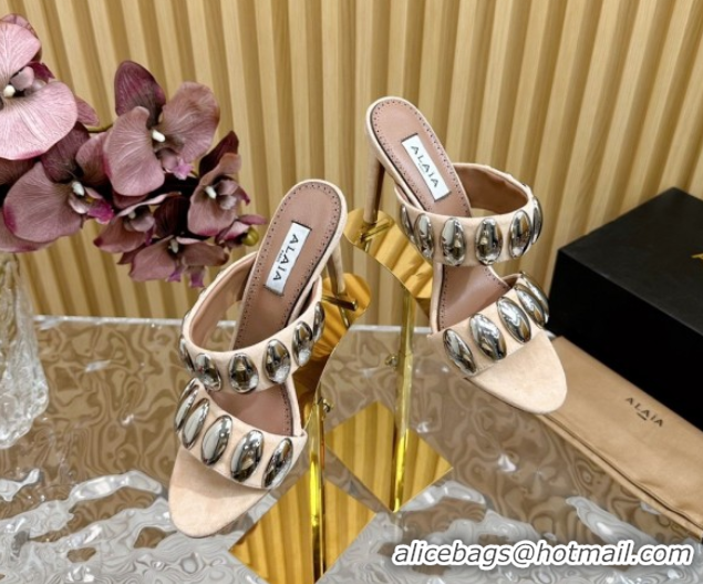 Grade Quality Alaia Tribal Suede Heel Slide Sandals 10cm with Metalic Pebbles Beige 1223052