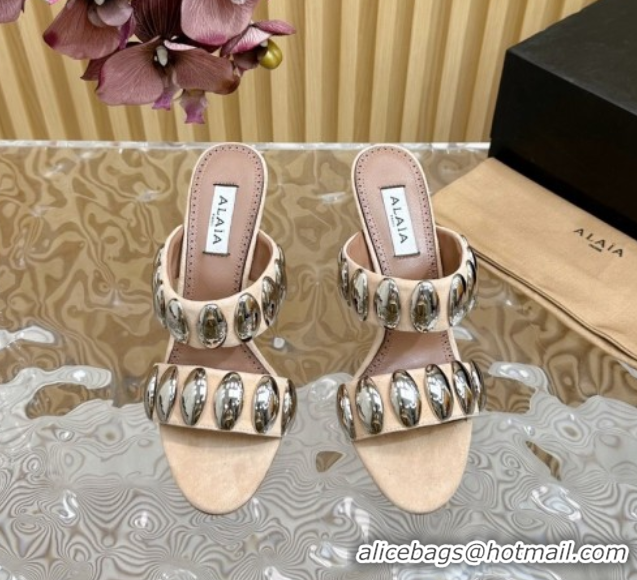 Grade Quality Alaia Tribal Suede Heel Slide Sandals 10cm with Metalic Pebbles Beige 1223052