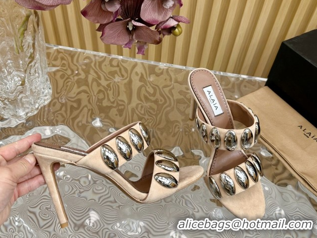 Grade Quality Alaia Tribal Suede Heel Slide Sandals 10cm with Metalic Pebbles Beige 1223052