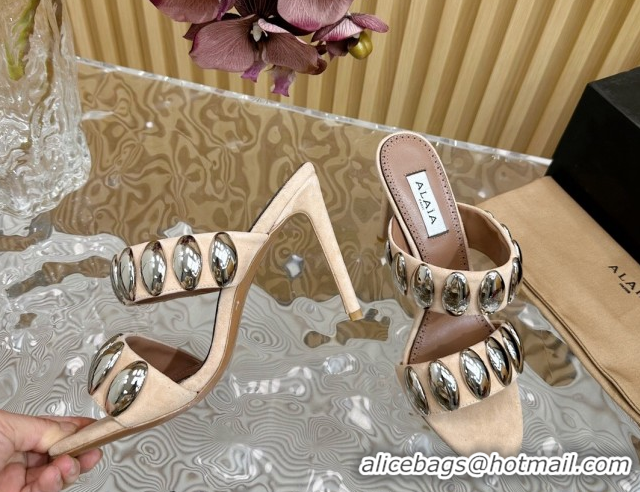 Grade Quality Alaia Tribal Suede Heel Slide Sandals 10cm with Metalic Pebbles Beige 1223052